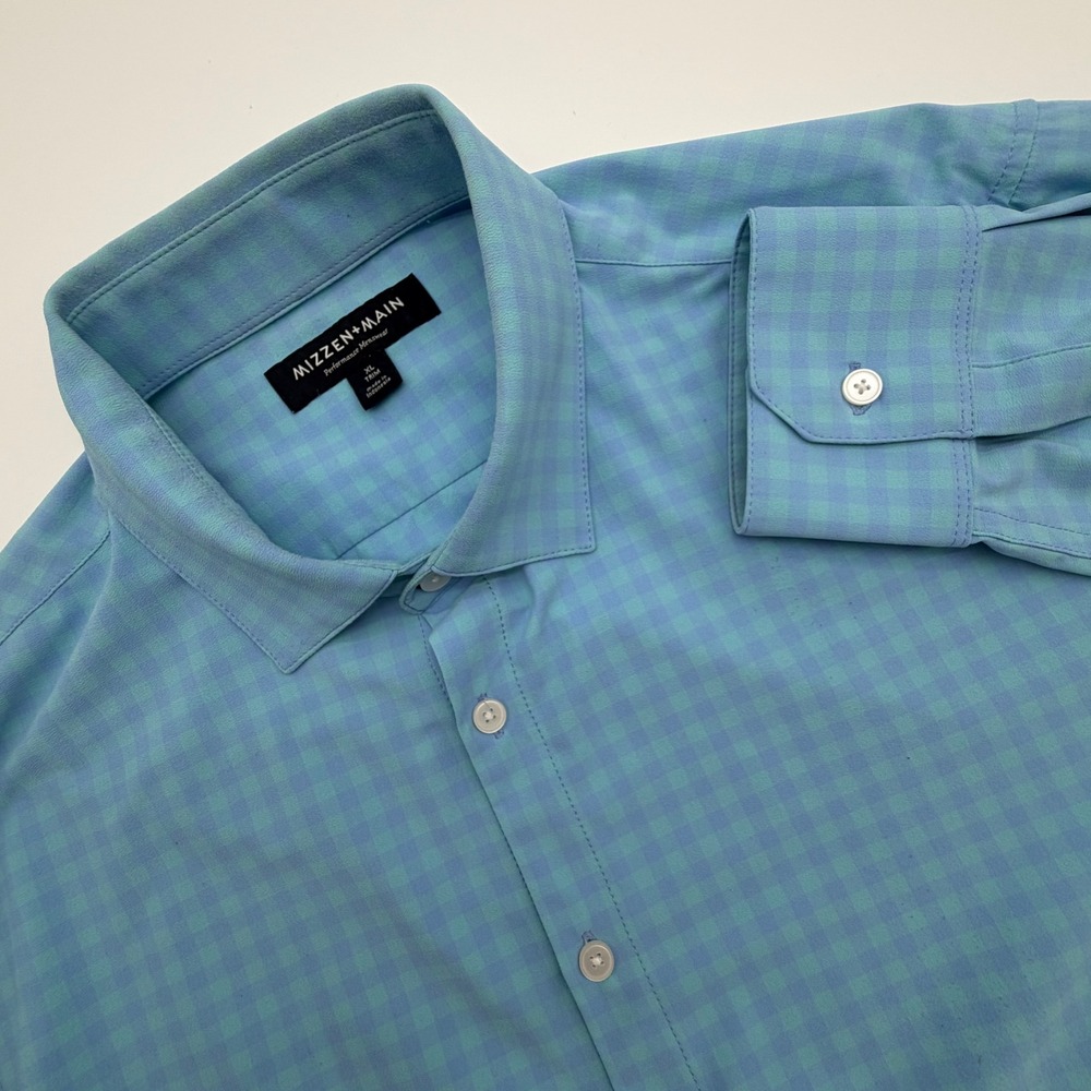 Mizzen + Main Mens XL Trim Fit Gingham Performance Dress Shirt Blue 1WS-0476